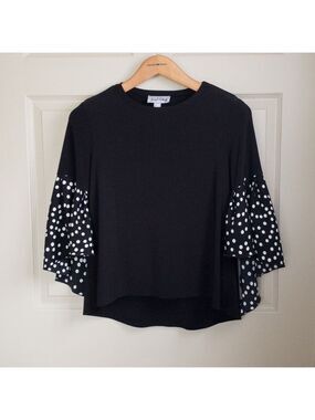Joseph Ribkoff Black Tunic Top Blouse Polka Dot Flare Bell Sleeve Women’s Size 8